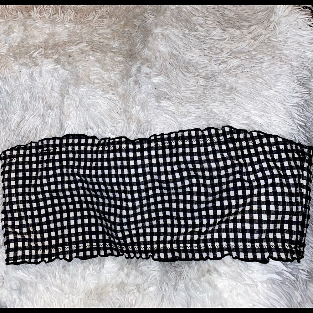 black and white checked strapless bikini top